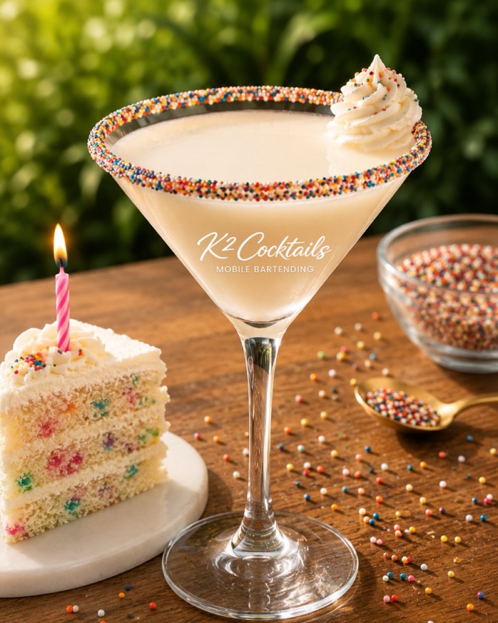 Birthday Cake Martini &mdash; a creamy martini with a rainbow sprinkle rim and whipped cream