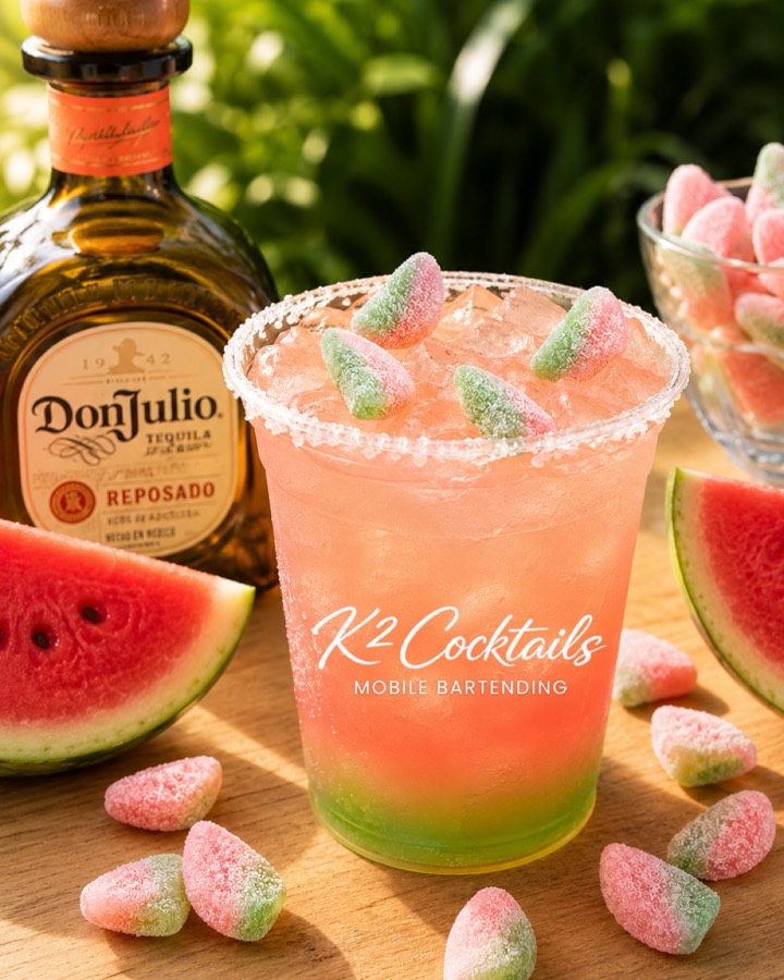Watermelon Candy Crush &mdash; a pink and green tequila cocktail with a sugar rim and watermelon Sour Patch Kids